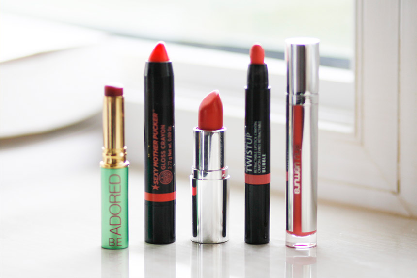 Tata Harper Be Adored Lip Treatment; Soap & Glory Sexy Mother Pucker in Fuchsia-ristic; The Body Shop Colour Crush Shine in Sunset Romance; Annabelle Twist Up Lipstick in Bubble; Shu Uemura Tint in Gelato in CR0